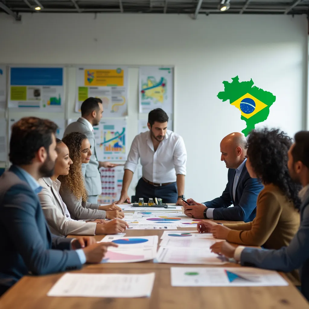 Reunião de equipe da InvestBrasil discutindo estratégias
